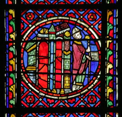 Vetrata raffigurante scena dalla vita di San Bonnet: San Bonnet che lascia Clermont Ferrand da French School